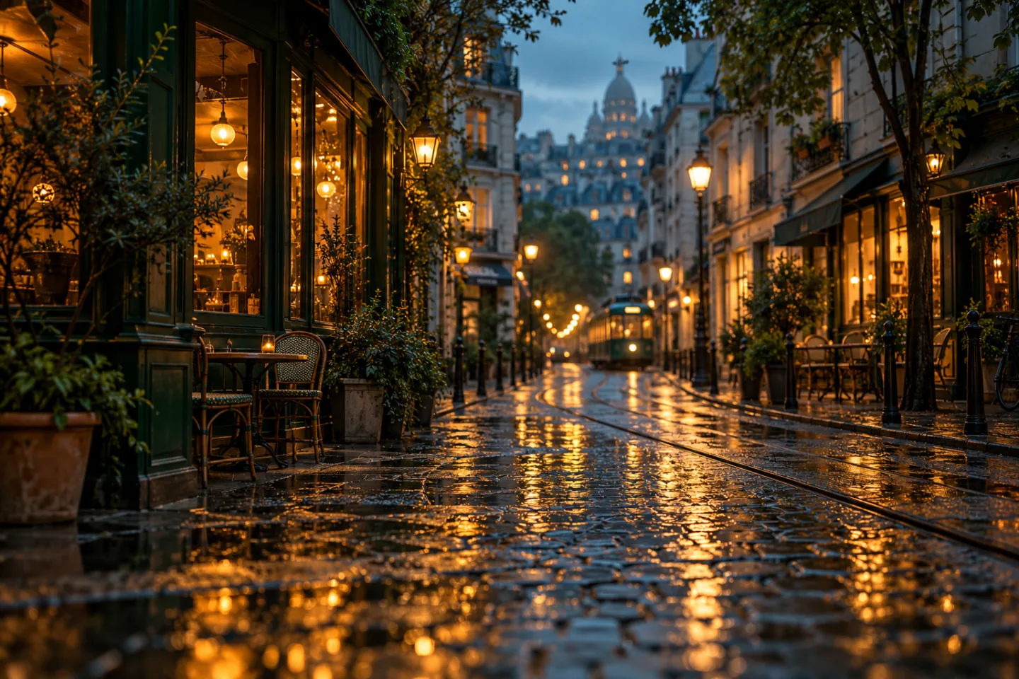 Warm café windows reflected on a rain-soaked street at blue hour